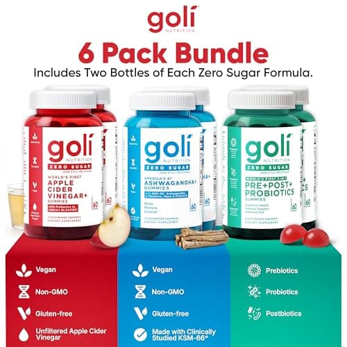 Goli Zero Sugar 6 Pack Bundle - World's First 3-in-1 Pre, Post, Probiotic, Apple Cider Vinegar with Vitamin B12 and Probiotics to Address Bloating, Ashwagandha & L-Theanine, Vitamin D Gummies