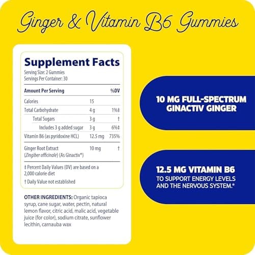 Enzymedica Ginger Root & Vitamin B6 Gummies for Adults - Ginger & VIT B6 Supplement Chews for Women & Men, Support for Occasional Nausea, Helps Digestion, Vegan, Gluten Free - 60 Count
