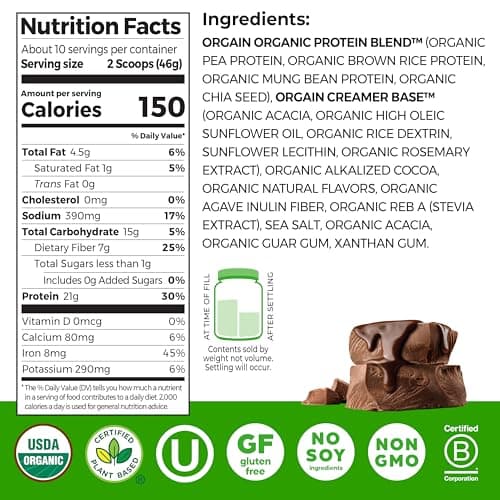 Orgain Organic Vegan Protein Powder, Creamy Chocolate Fudge - 21g Plant Protein, 7g Prebiotic Fiber, Low Net Carb, No Lactose Ingredients, No Added Sugar, Non-GMO, For Shakes & Smoothies, 1.02 lb