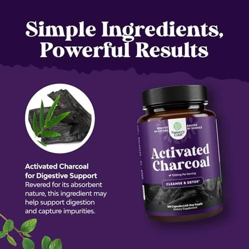 Natures Craft Activated Charcoal Pills Detox & Cleanse - Purifying Coconut Capsules with 1200 mg Per Serving for Bloating Relief - Active Detox Supplement for Body & Gut Health -180 Count