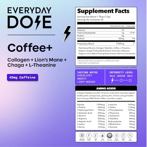 Everyday Dose Premium Adaptogenic Mushroom Coffee with Grass-Fed Collagen, Chaga, Lions Mane & L-Theanine for Better Focus, Energy, Digestion, Skin, and Immunity 30 Servings