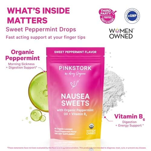 Pink Stork Organic Peppermint Sweets for Morning Sickness and Motion Sickness Support, Added Vitamin B6, 1st Trimester Pregnancy Must Haves - 30 Wrapped Peppermint Candies