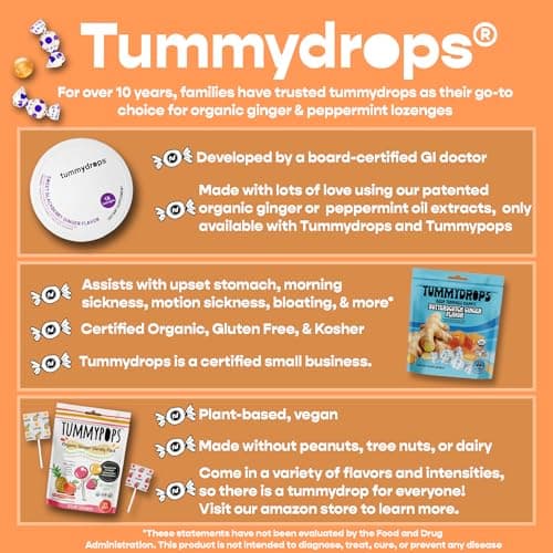 Tummydrops, Natural Peppermint, Gluten Free & Vegan, 33 Individually Wrapped Pure Peppermint Oil Lozenges Made with Organic Ingredients