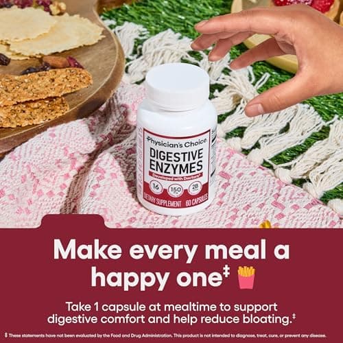 Physician's CHOICE Digestive Enzymes for Bloating & Digestion - Fast-Acting 16 Enzyme Formula with Organic Prebiotics & Probiotics for Gut & Digestive Health - Meal Time Discomfort Relief - 60 CT