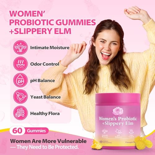 BOSNETHUINH Her Juicy Feminine Probiotics Gummies with Slippery Elm Supports pH Balance Gut Health & Immune System Promote Vaginal Health for Women 60 Pineapple Gummies