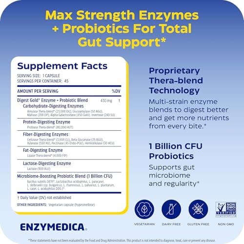 Enzymedica Digest Gold + Probiotics - Digestive Enzyme Supplement for Women & Men, Enzyme and Probiotic Capsules for Digestion, Gut Health Support, Helps Gas & Bloating, Vegetarian - 45 Caps