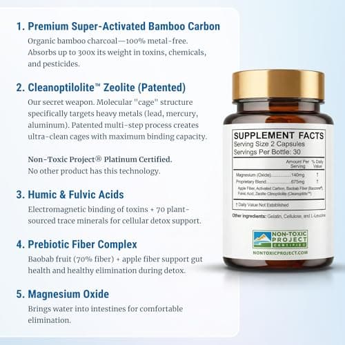 Gut Detox & Liver Cleanse - Organic Activated Charcoal Capsules with Clinoptilolite Zeolite Binder - TrueCarbonCleanse™ Carbon Supplement - 60 Bamboo Charcoal Pills - Vegan, Non-Toxic, Gluten Free