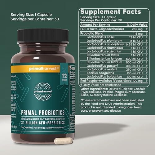 Primal Harvest Probiotics for Women & Men Daily Probiotic Supplement with 12 Strains for Gut & Digestive Health 30 Capsules