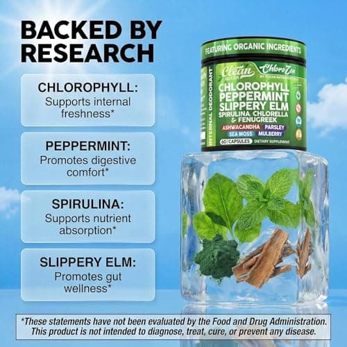 Clean Nutra Chlorophyll Capsules + Peppermint Slippery Elm Spirulina Chlorella Fenugreek Ashwagandha Sea Moss Supplement – Ph Balance for Women Detox Internal Deodorant Supplement + Prebiotics 60 Ct