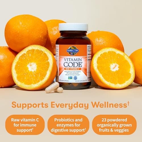 Garden of Life Vitamin Code Raw Vitamin C - 120 Capsules, 500mg Whole Food Vitamin C Capsules + Fruit & Veggie Blend & Probiotics, Supplements for Adults, Vegan, Gluten Free