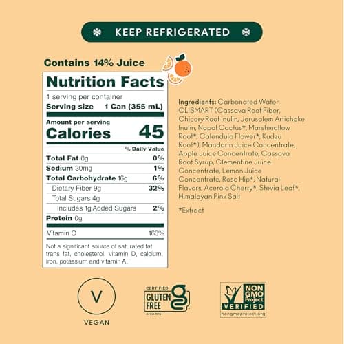 OLIPOP - Orange Squeeze Sparkling Tonic, Healthy Soda, Prebiotic Soft Drink, Aids Digestive Health & Immune Health, With Vitamin C & Plant Fiber, Caffeine Free, Low Calorie, Low Sugar 12 oz
