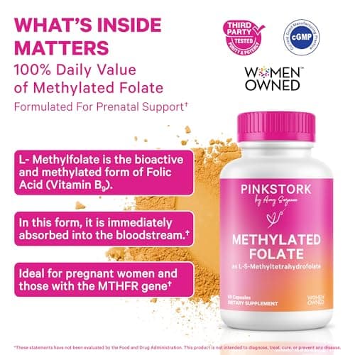 Pink Stork Folate: Methyl Folate - MTHFR Acid, Natural Form of Folic Acid for Pregnancy, Formulated for Mom + Baby, Women-Owned, 60 Capsules (Packaging May Vary)