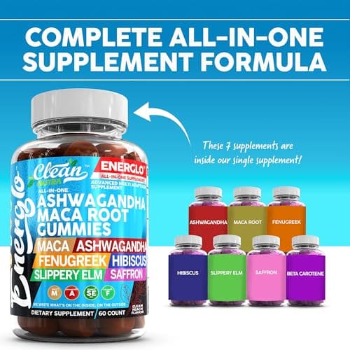 Ashwagandha Maca Root Gummies with Fenugreek Hibiscus Slippery Elm Saffron Extract & Beta Carotene | Peach Flavor Vegan Gummy Vitamins Adaptogen Cortisol Supplement Energlo By Clean Nutra