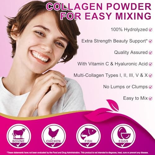 bnHUlMXw Multi Collagen Peptides Powder,Type I, II, III, V, X,with Biotin,Vitamin C,Hyaluronic Acid,Supports Healthy Joint, Hair, Skin & Nail Support,Grass-Fed, Non-GMO,16oz