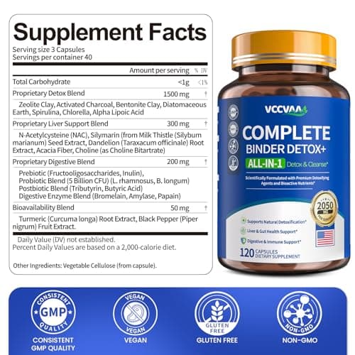 Vccvaa Metal Detox & Full Body Cleanse Pills - GI, Parasite & Zeolite Detox, Activated Charcoal, Bentonite Clay, 5 Billion CFU Women Probiotics, NAC, Turmeric, Liver Support, 120 Vegan Capsules