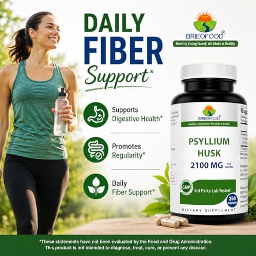 Brieofood Psyllium Husk Fiber Supplement with Lactobaciilus Acidophillus (La-14) - 2100mg per Serving - 250 Capsules - Helps Support Digestion, INTESTINAL Health & Regularity