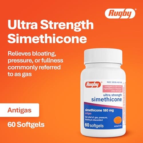 Rugby Ultra Strength Simethicone Gas Relief 180 mg - Maximum Relief for Adults - May Help with Symptoms of Flatulence & Bloating - 60 Softgels (1 Pack)
