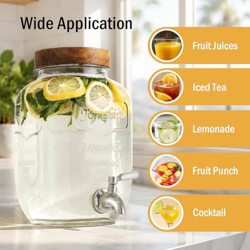 mustry Glass Drink Dispenser for Parties, 1 Gallon Beverage Dispenser with Stand and Spigot Solid Stainless Steel, Used as Lemonade Dispenser Sun Tea Jar Kombucha Jar, Set of 2