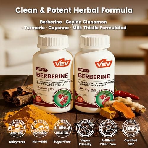 VEV Berberine Supplement with Ceylon Cinnamon for Daily Wellness Support, Vegan & Non-GMO – 2 Bottles (240 Capsules Total)