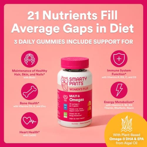 SmartyPants Women's Multivitamin Gummies, Omega 3 DHA/EPA, Methylfolate, CoQ10, Vitamin D3, C, B12, B6, A, K, Zinc, Three Fruit Flavors, 90 Count (30 Day Supply)