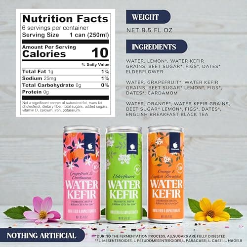 Gourmanity Water Kefir, Zero Sugar Shelf-Stable, Probiotic Drink to Support Gut Health, Unfiltered and Unpasteurized 6-Pack, 3 Refreshing Flavors (8.5 fl oz x 6)