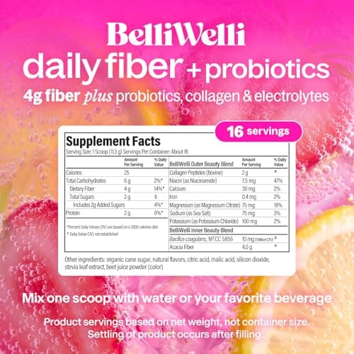 BelliWelli Fiber Supplement for Women & Men Premium Daily Fiber Powder from Organic Acacia with Added Collagen Electrolytes & Probiotics No Bloat Constipation & Gut Health Support(Strawberry Lemonade)
