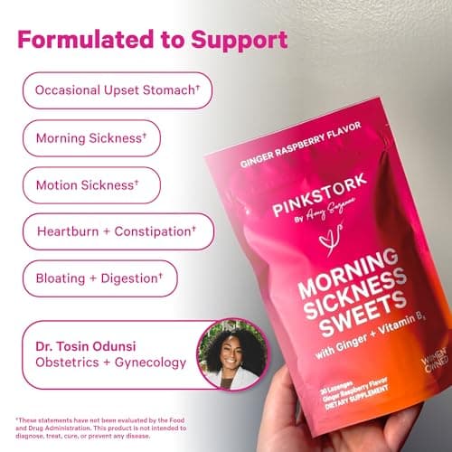 Pink Stork Morning Sickness Sweets, Organic Raspberry Ginger Candy with Vitamin B6, Support for Motion Sickness, Prenatal Heartburn - Pregnancy Must Haves - 30 Wrapped Drops