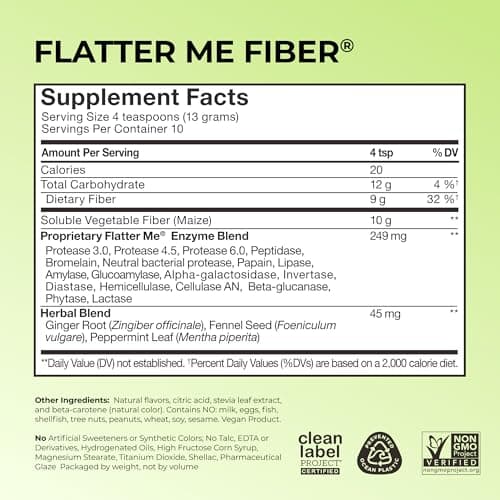 Flatter Me Fiber GLP-1 Booster – Fiber Supplement for Women & Men, Prebiotics & Enzymes for Weight Support, Reduce Bloating, Double GLP-1 Levels, Digestive & Gut Health (10 Servings)