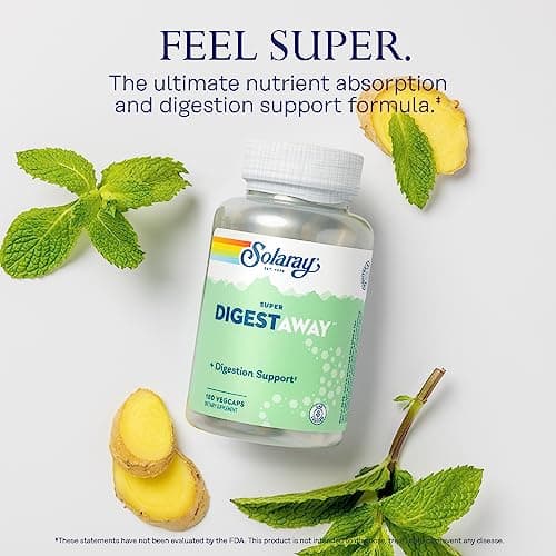 SOLARAY Super Digestaway Digestive Enzymes - Pancreatin, Papain, Ginger, Pepsin, Betaine HCl, Aloe Vera, and More - Digestion & Nutrient Absorption Support - Lab Verified - 180 VegCaps