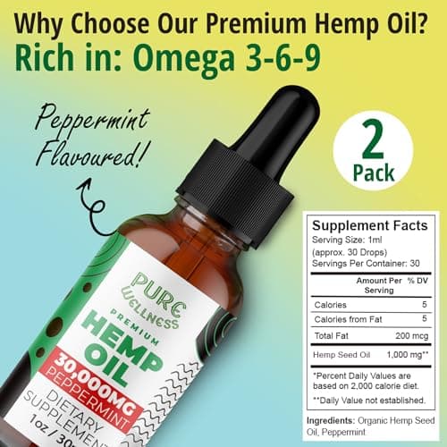 Organic Hemp Seed Oil (4 Oz), Peppermint Flavor, High Potency 30,000 mg - Helps in Natural Relief, Sleep, Relaxation & Mood, Transparent Hemp Oil Dosage, Non-Habit Forming - Non-GMO, Vegan