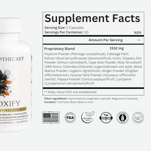 Detoxify Advanced Cleanse - Black Walnut Papaya Seed Herbal Formula - Gut Health Support with Chlorella Psyllium Aloe Fiber - Intestinal Wellness Blend - Vegan Non-GMO Gluten-Free - 60 Capsules