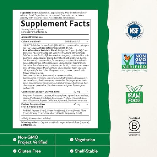Garden of Life Probiotics for Women and Men - Raw Probiotics Colon Care 50 Billion CFU and Enzymes, Shelf Stable Once Daily Acidophilus Probiotic for Regularity and Immune Health Support, 30 Capsules