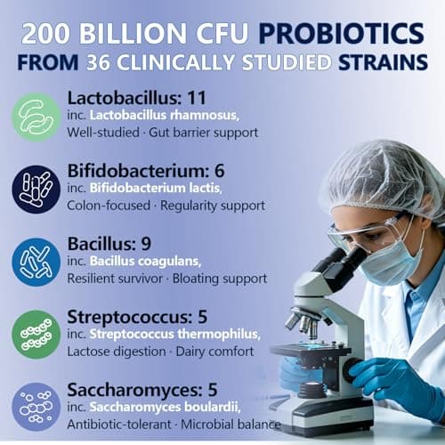 Ultra Probiotics for Women Men 200 Billion CFU - 36 Strains 14 Digestive Enzymes, 4 Anti-Bloat Herbs, 3 Prebiotic Fibers & 4 Postbiotics, Gut, Digestive, Regularity, Gas & Immune Support, Vegan 120 Ct