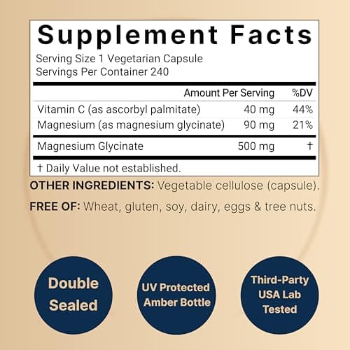 Naturebell Pure Magnesium Glycinate 500mg, 240 Veggie Capsules | 100% Chelated & Purified – 3rd Party Tested, Vegan Friendly, Non-GMO, Filler Free
