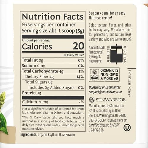 Sunwarrior Organic Psyllium Husk Powder – Plant-Based Fiber for Gut Health & Regularity – Supports Digestion & Satiety – Certified Organic, Gluten-Free, Non-GMO, Keto-Friendly – 11.6 oz