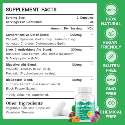 Enerlix 15-in-1 Detox Binder, Activated Charcoal, Zeolite & Bentonite Clay, Chlorella, 1500 MG Detox Supplement Maximum Absorbent, Liver Gut Digestive Detox Cleanse, 90 Vegan Capsules