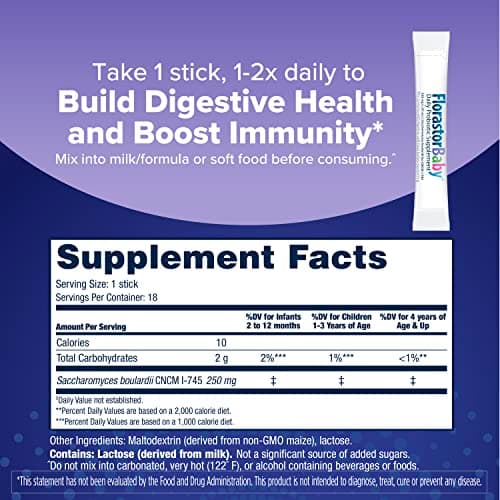 Florastor Baby Daily Probiotic Supplement, Powder Mixes with Milk, Formula or Soft Foods, Saccharomyces Boulardii CNCM I-745 (18 Powder Sticks)