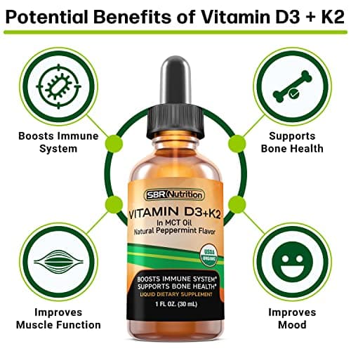 SBR Nutrition MAX Absorption, Vitamin D3 + K2 (MK-7) Liquid Drops with MCT Oil, Peppermint Flavor, Helps Support Strong Bones and Healthy Heart