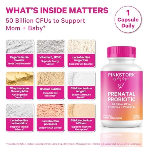 Pink Stork Prenatal Probiotic for Women with 50 Billion CFU | Vitamin B6 & Prebiotics | Pregnancy Probiotics for Morning Sickness | Digestive, Immune, & Gut Health | Vegan & Gluten-Free | 30 Capsules