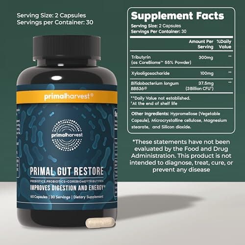 Primal Harvest Restore for Gut Health, Primal Gut Restore w/POSTbiotics, PREbiotics and PRObiotics for Women and Men, 60 CT - Digestion, Colon Cleanse, Immunity Support - Helps Leaky Gut Repair