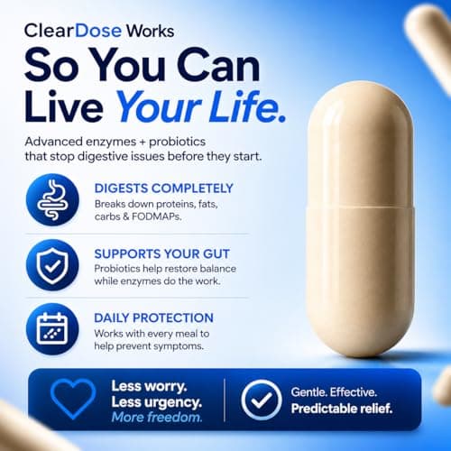 ClearDose Digestive Enzymes with Probiotics – Broad Spectrum Enzyme Formula for Digestive Support, Bloating & Gas Relief, Lactase, Protease, Lipase – 60 Capsules