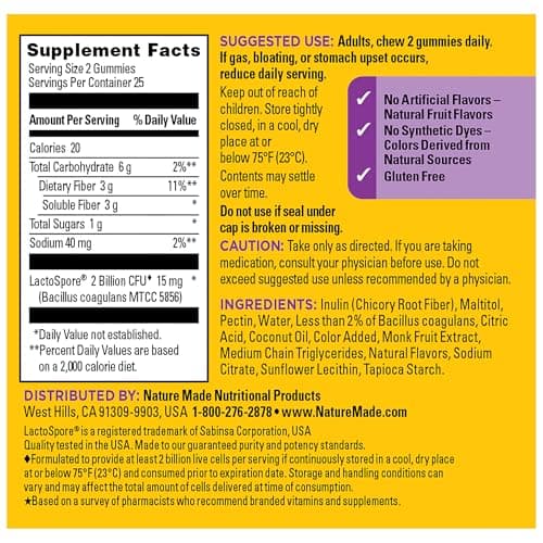 Nature Made Probiotic + Prebiotic Fiber Gummies for Daily Gut Health, Fiber Supplement with Probiotics for Digestive Health Support, 50 Gummies, 25 Day Supply