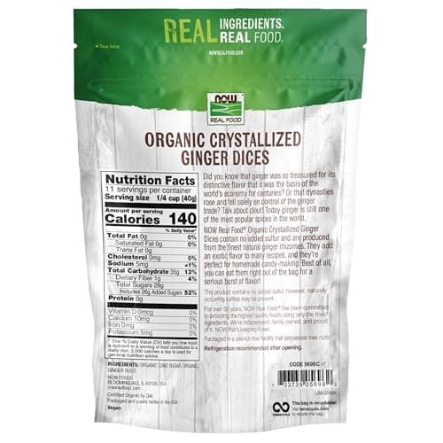 NOW Foods, Organic Crystallized Ginger Dices, Low-Sodium, Preservative-Free and Non-GMO, 16-Ounce (Packaging May Vary)