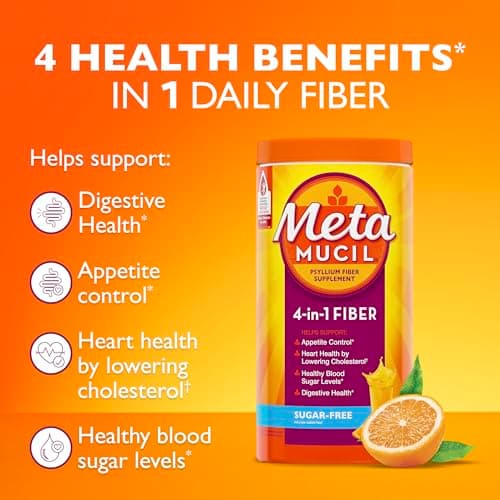 Metamucil 4-in-1 Psyllium Husk GLP-1 Friendly Fiber Supplement, Sugar-Free, 114 teaspoons, Orange Flavored, Daily Fiber Powder for Digestive Health, made with Plant-Based Psyllium Husk Fiber