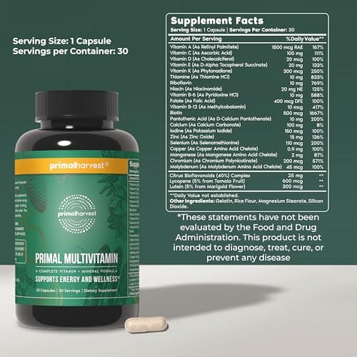 Primal Harvest Primal Multivitamin - Daily Multi-Vitamin Supplement with 21 Essential Vitamins & Minerals for Women & Men - Vitamin A, C, D, E, B12, B6, Biotin, Folic Acid, Zinc, Copper & Selenium