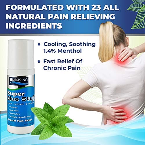 Super Blue Stuff Natural Pain Relief roll on with Emu Oil by BlueSpring- Pain relief rub Anti Inflammatory Analgesic Cream for Back, Knee, Joint, Muscle, Arthritis, and neck Pain Relief- 3 Oz roll-on.