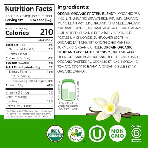 Orgain Organic 30g Vegan Plant Protein Powder, Vanilla, 9g EAAs + BCAAs, High Plant Protein, 4g Prebiotic + Fiber, 1g Sugar, Pre-Workout, Muscle Support + Recovery - 2.01lb (Packaging May Vary)