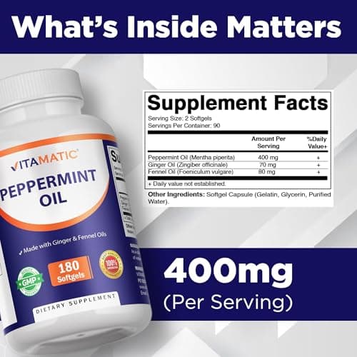 Vitamatic Peppermint Oil Gel with Ginger & Fennel Oils, 550mg per Serving, 180 Softgels