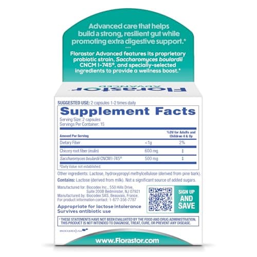 Florastor Advanced Pro+Pre Daily Probiotic and Prebiotic Supplement for Women and Men, Boosts Good Bacteria, Saccharomyces Boulardii CNCM I-745 (30 Capsules) (Pack of 1)