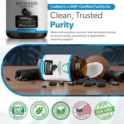 TRUEMED Activated Charcoal Capsules 1200 mg – Organic Activated Charcoal Pills Derived from Coconut Shells for Stomach & Digestive Support – Natural Detox & Bloating – Made in USA – 60 Capsules